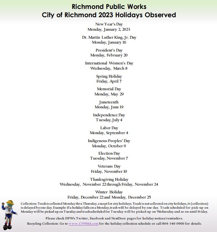 Refuse Holiday Schedule Update Richmond